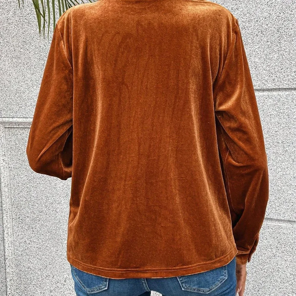 Brown Casual Womens Notched Neckline Velvet Tee - Picture 2 of 5